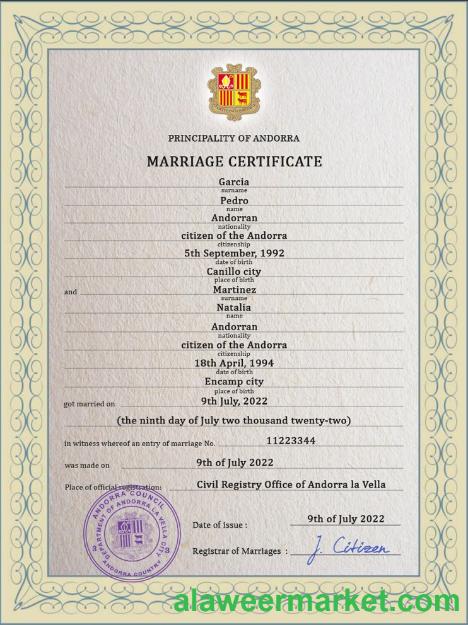 Andorra marriage certificate PSD template